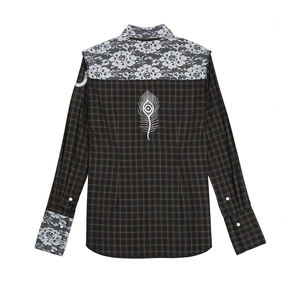 Ears of Buddha Franky Brown and Black Plaid with White Lace-Tops-DREEMS