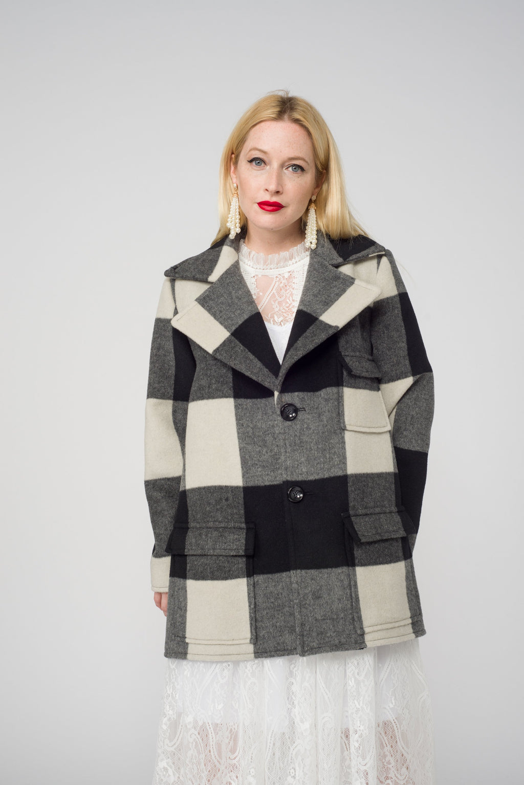 Carol Cao Black Coat in Wool with Check Motif-Coats-DREEMS
