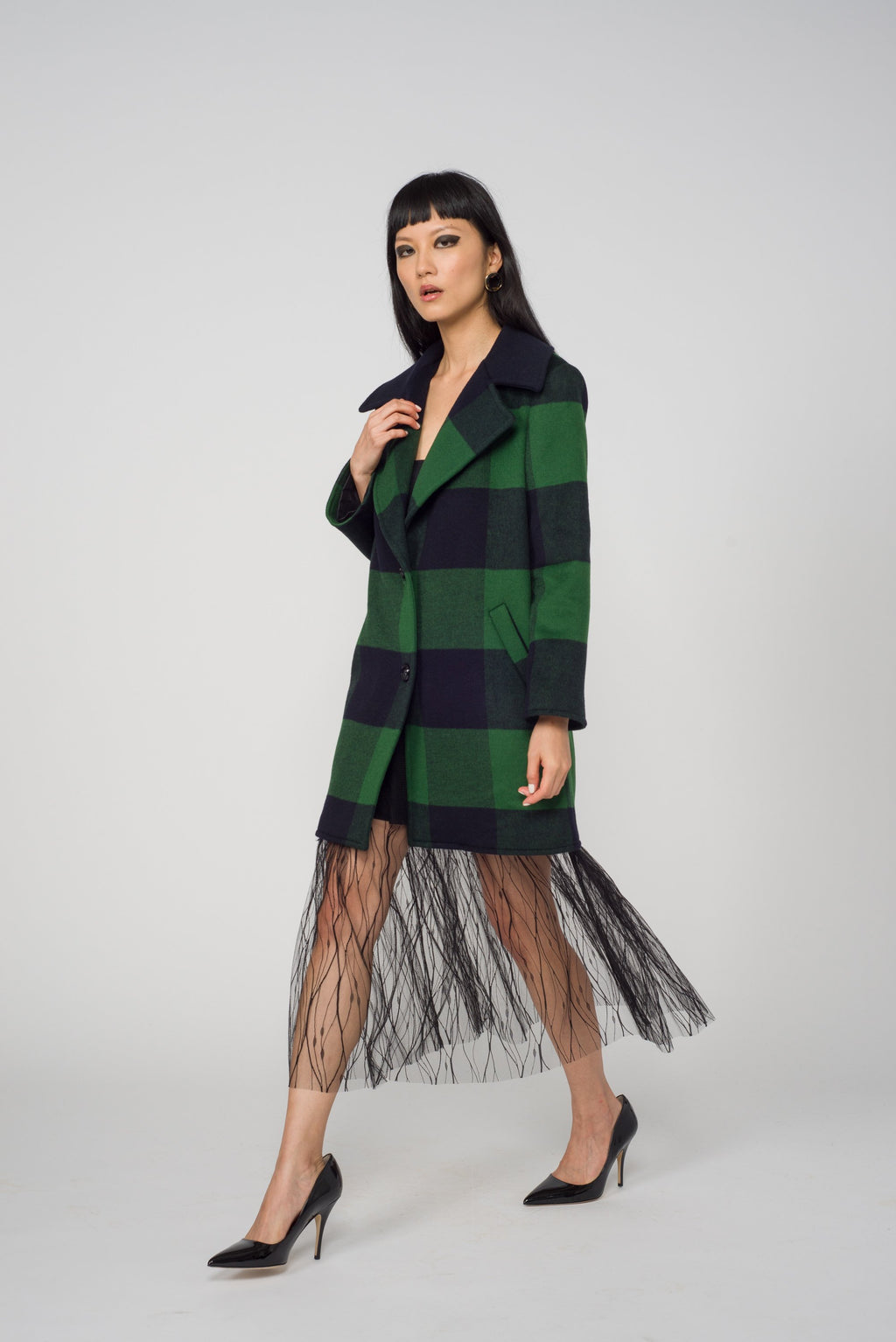 Carol Cao Green Coat in Wool with Check Motif-Coats-DREEMS