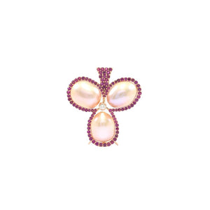 Ri Noor Three Pearl Ruby and Diamond Brooch Cum Pendant-Necklaces-DREEMS